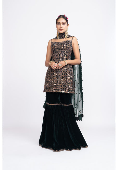 Deep green kurta sharara set
